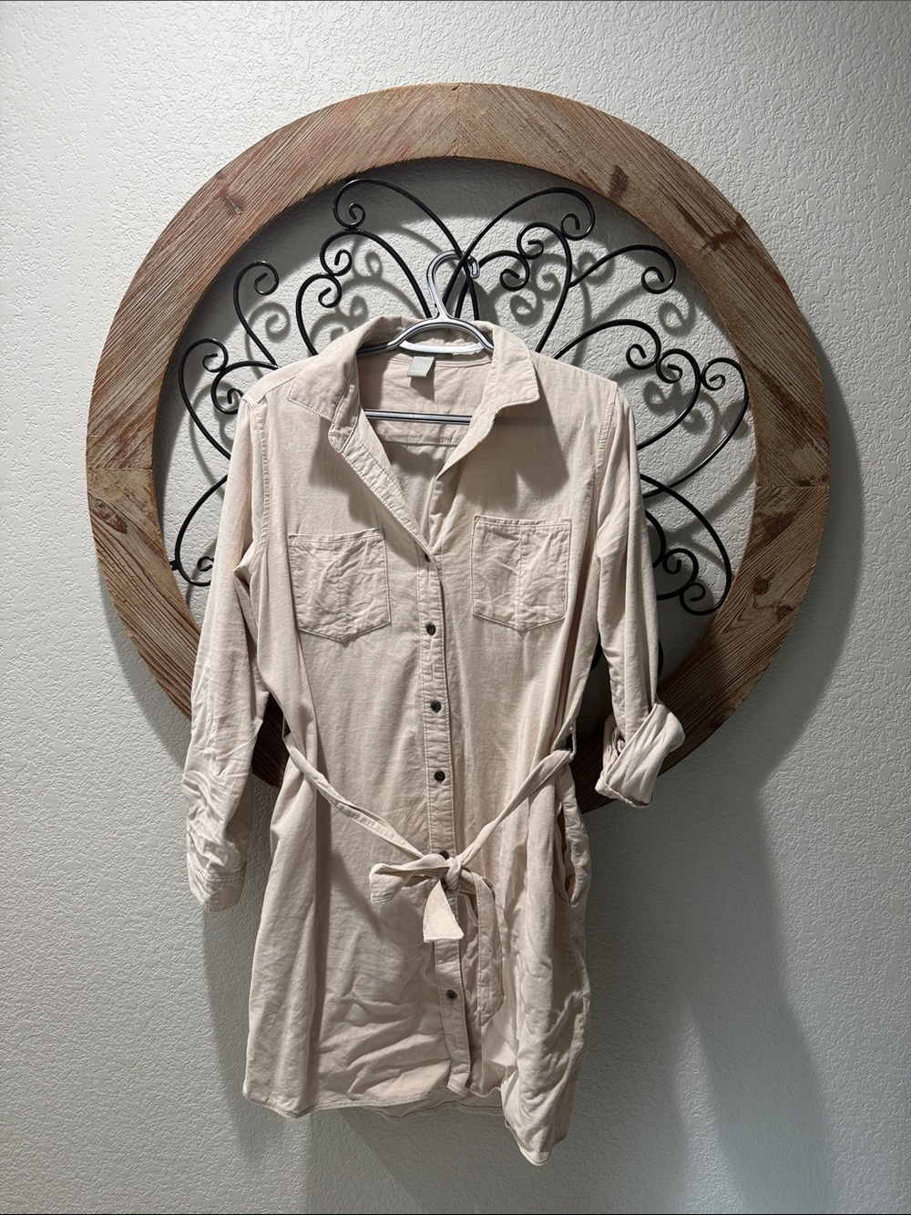 Lucky Brand Asymmetrical Shirt Dress in Light Beige